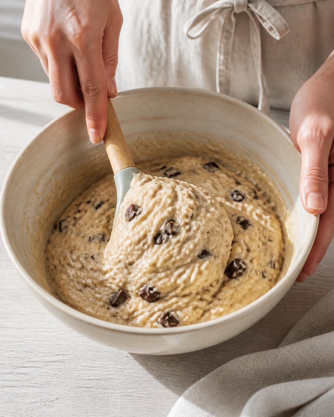 The batter or dough for bananmuffins med chokolade being gently combined under tilberedningen af bananmuffins med chokolade