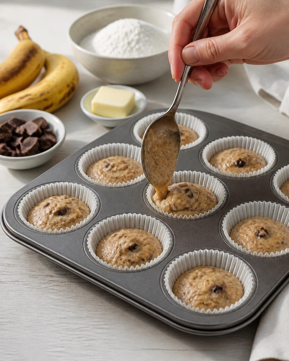 bananmuffins med chokolade being portioned evenly before baking under tilberedningen af bananmuffins med chokolade