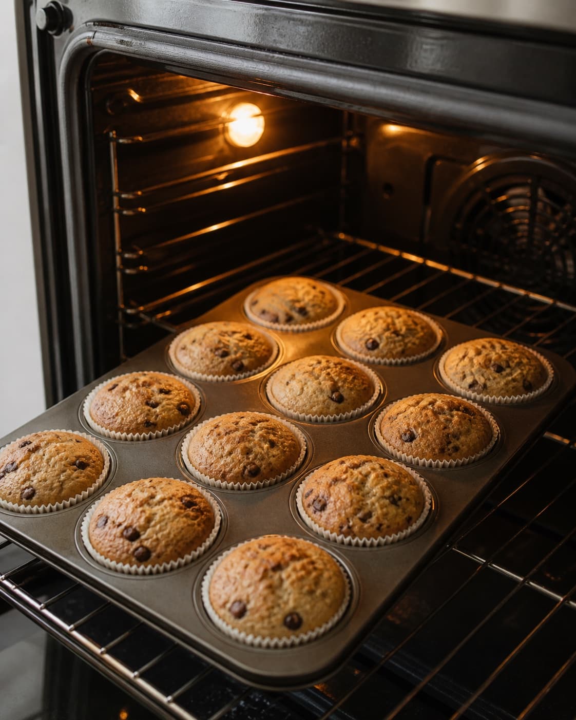 bananmuffins med chokolade baking until golden with a visibly set centre under tilberedningen af bananmuffins med chokolade