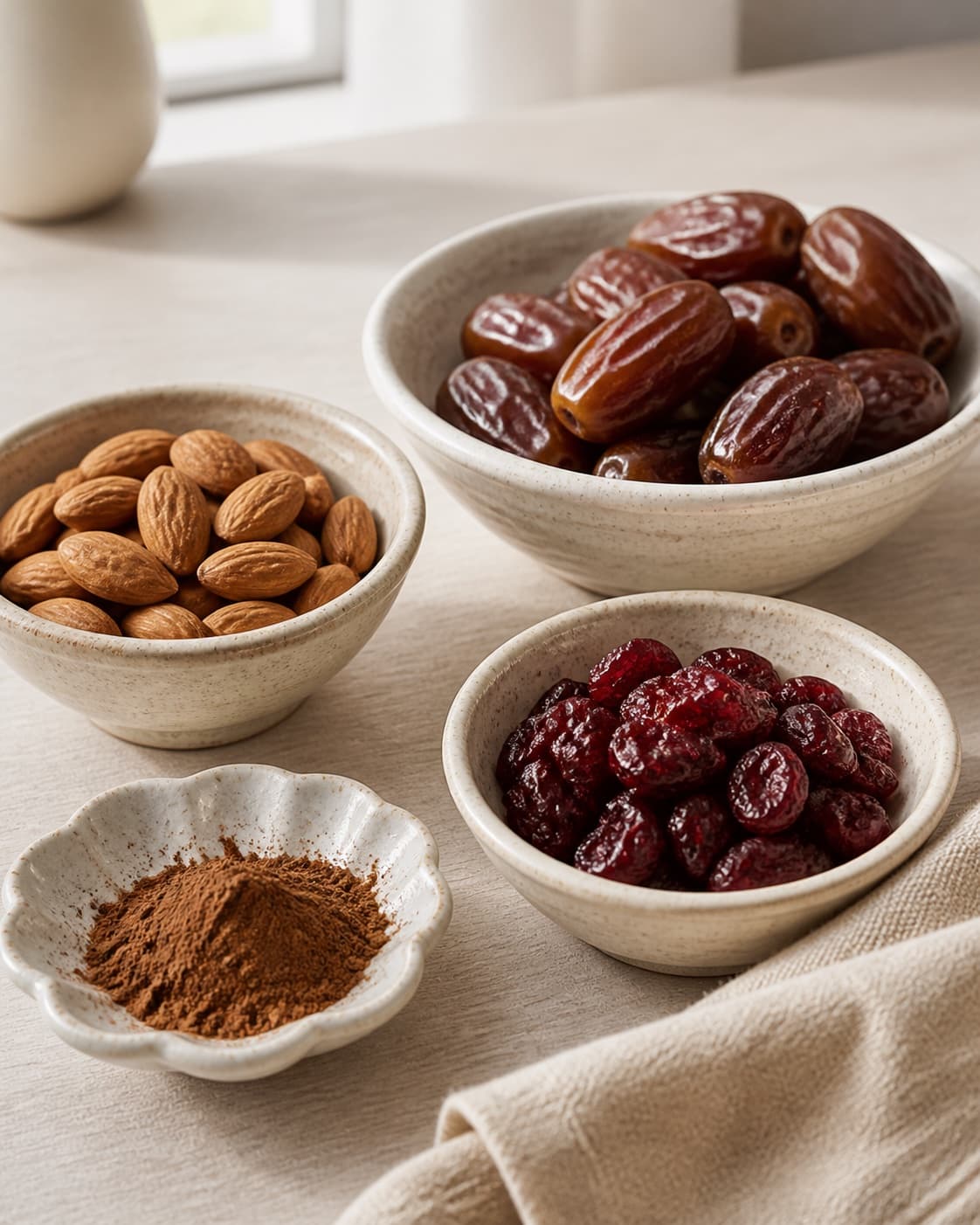 Measured ingredients for dadelkugler med lakrids og tranebær arranged separately with bløde dadler, mandler, tørrede tranebær, lakridspulver under tilberedningen af dadelkugler med lakrids og tranebær