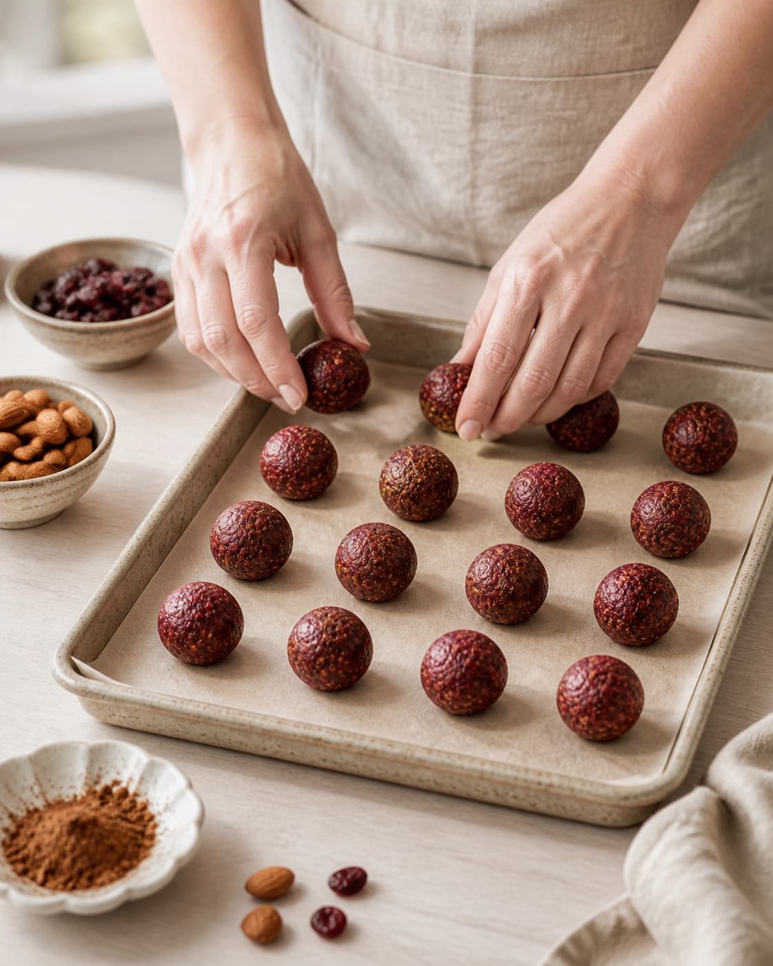 dadelkugler med lakrids og tranebær being portioned evenly before baking under tilberedningen af dadelkugler med lakrids og tranebær