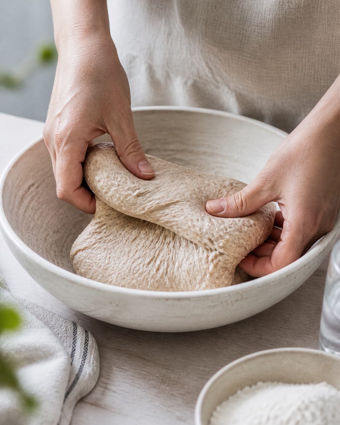 Hands gently folding elastic dough for koldhævede speltboller under tilberedningen af koldhævede speltboller