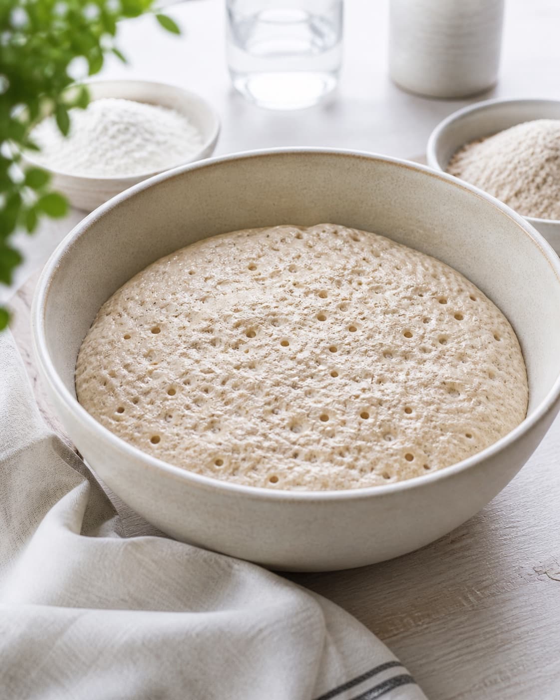 Proofed airy dough for koldhævede speltboller with visible fermentation bubbles under tilberedningen af koldhævede speltboller