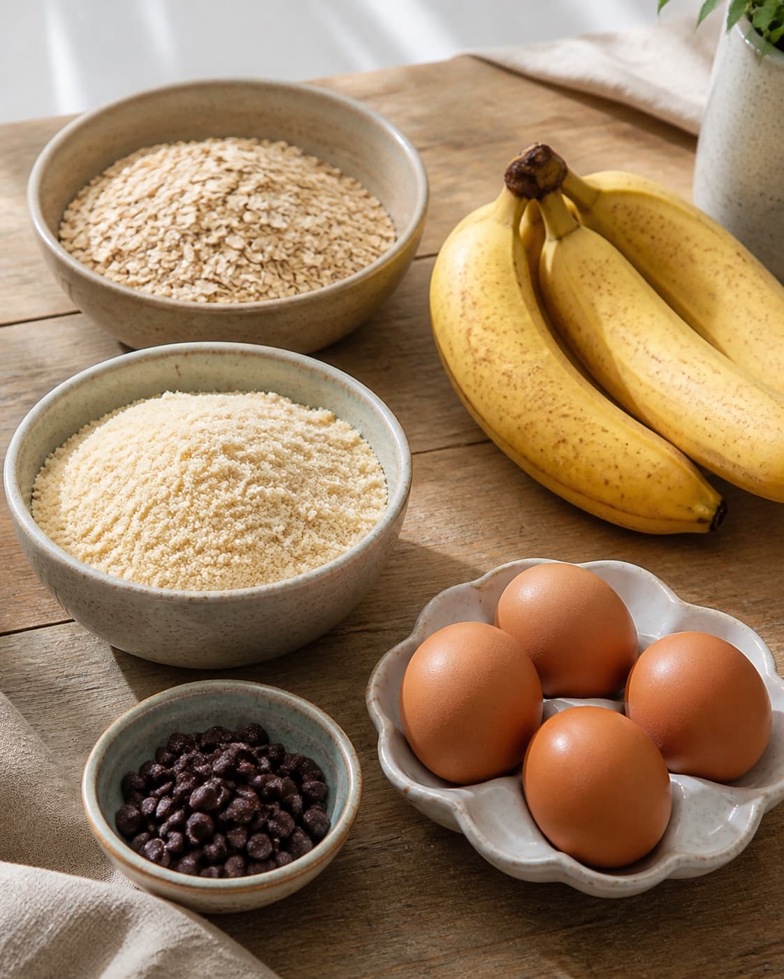 Measured ingredients for sundt bananbrød uden mel og raffineret sukker arranged separately with modne bananer, mandelmel, grove havregryn, æg under tilberedningen af sundt bananbrød uden mel og raffineret sukker