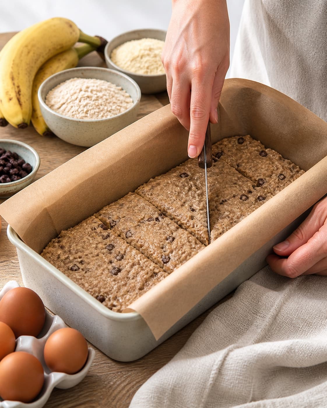 sundt bananbrød uden mel og raffineret sukker being portioned evenly before baking under tilberedningen af sundt bananbrød uden mel og raffineret sukker