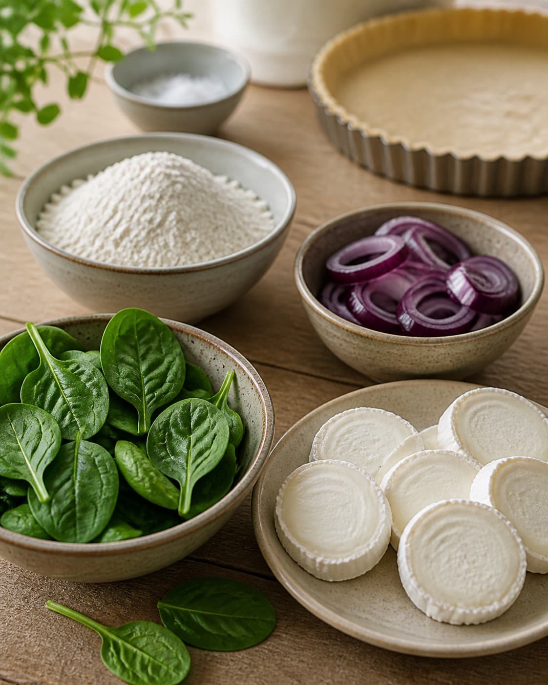 Measured ingredients for tærte med gedeost, karamelliserede rødløg og spinat arranged separately with gedeost, rødløg, frisk spinat, hvedemel under tilberedningen af tærte med gedeost, karamelliserede rødløg og spinat