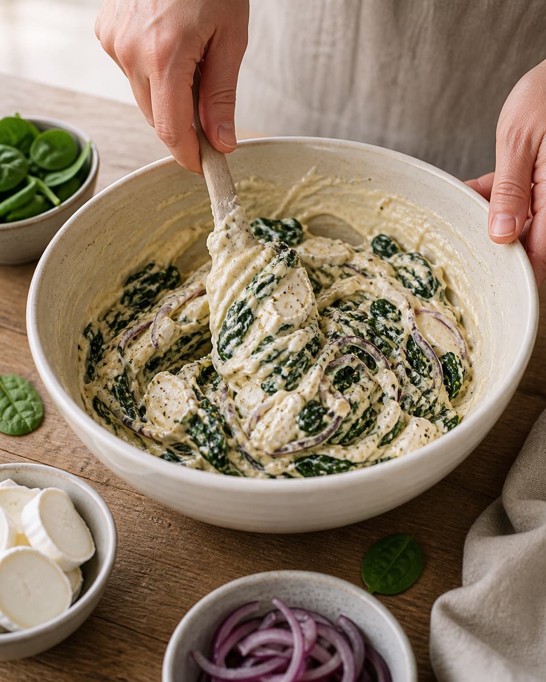 The batter or dough for tærte med gedeost, karamelliserede rødløg og spinat being gently combined under tilberedningen af tærte med gedeost, karamelliserede rødløg og spinat
