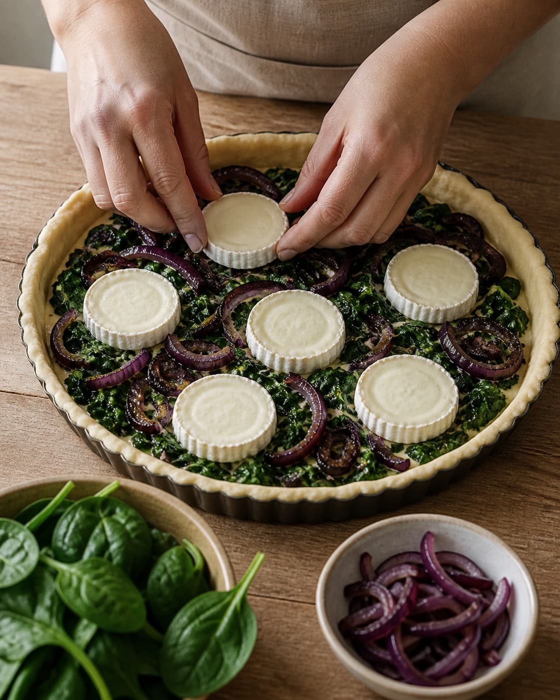 tærte med gedeost, karamelliserede rødløg og spinat being portioned evenly before baking under tilberedningen af tærte med gedeost, karamelliserede rødløg og spinat