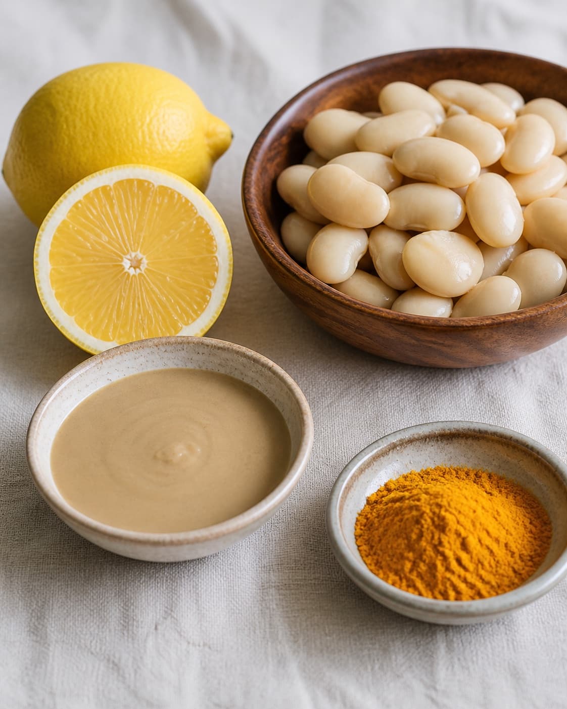 Clean prepared ingredients for butterbean spread med gurkemeje with butterbeans, tahin, stødt gurkemeje, økologisk citron under tilberedningen af butterbean spread med gurkemeje