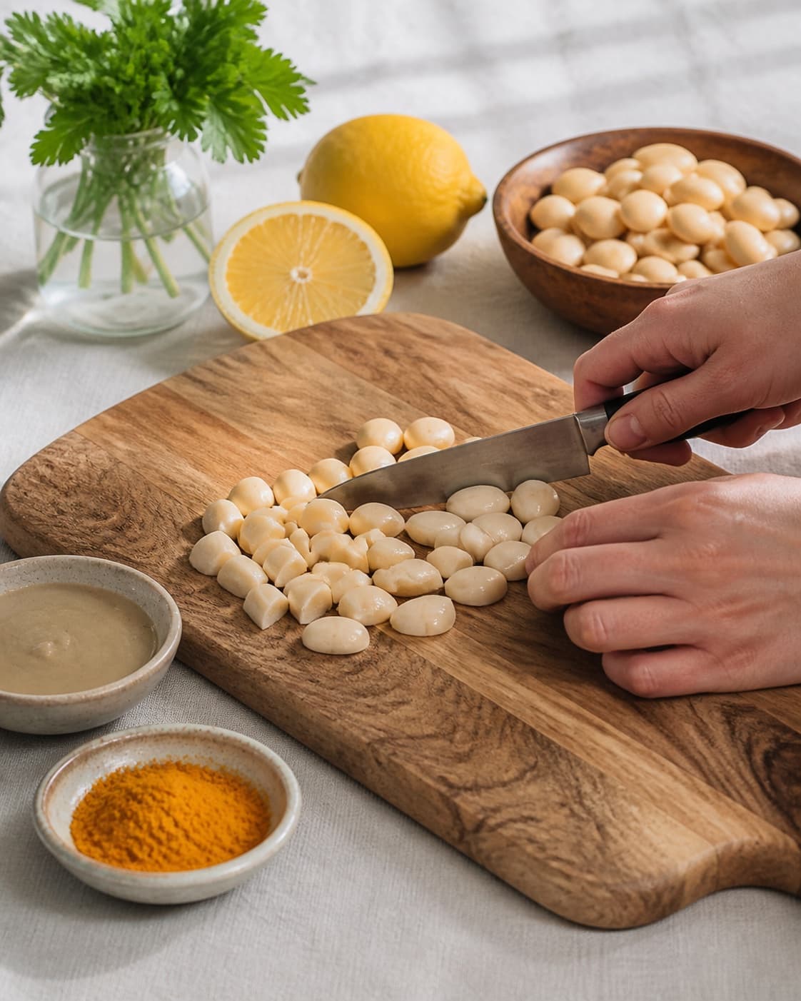 Ingredients for butterbean spread med gurkemeje being cut into even pieces under tilberedningen af butterbean spread med gurkemeje