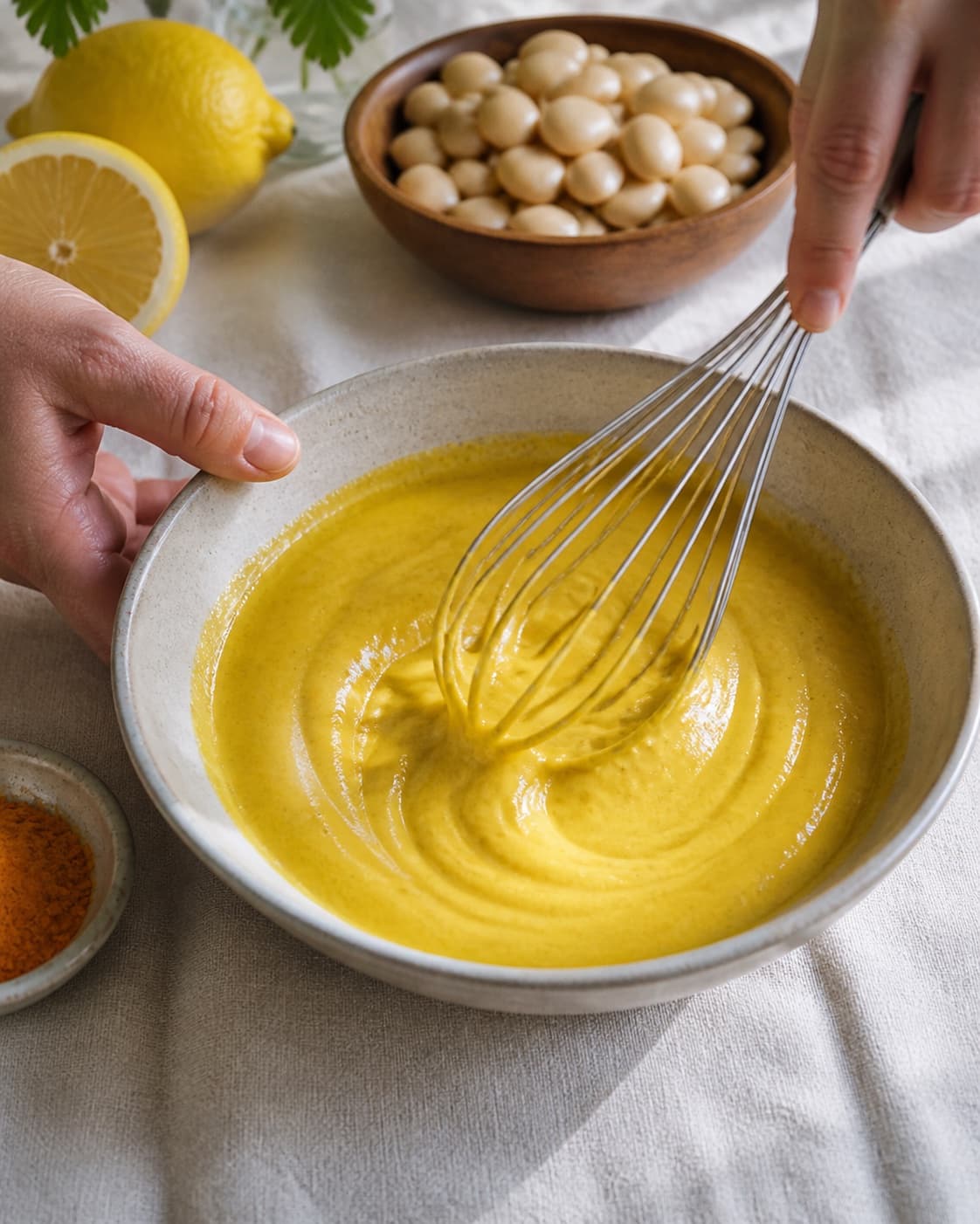 Dressing for butterbean spread med gurkemeje being whisked until glossy under tilberedningen af butterbean spread med gurkemeje