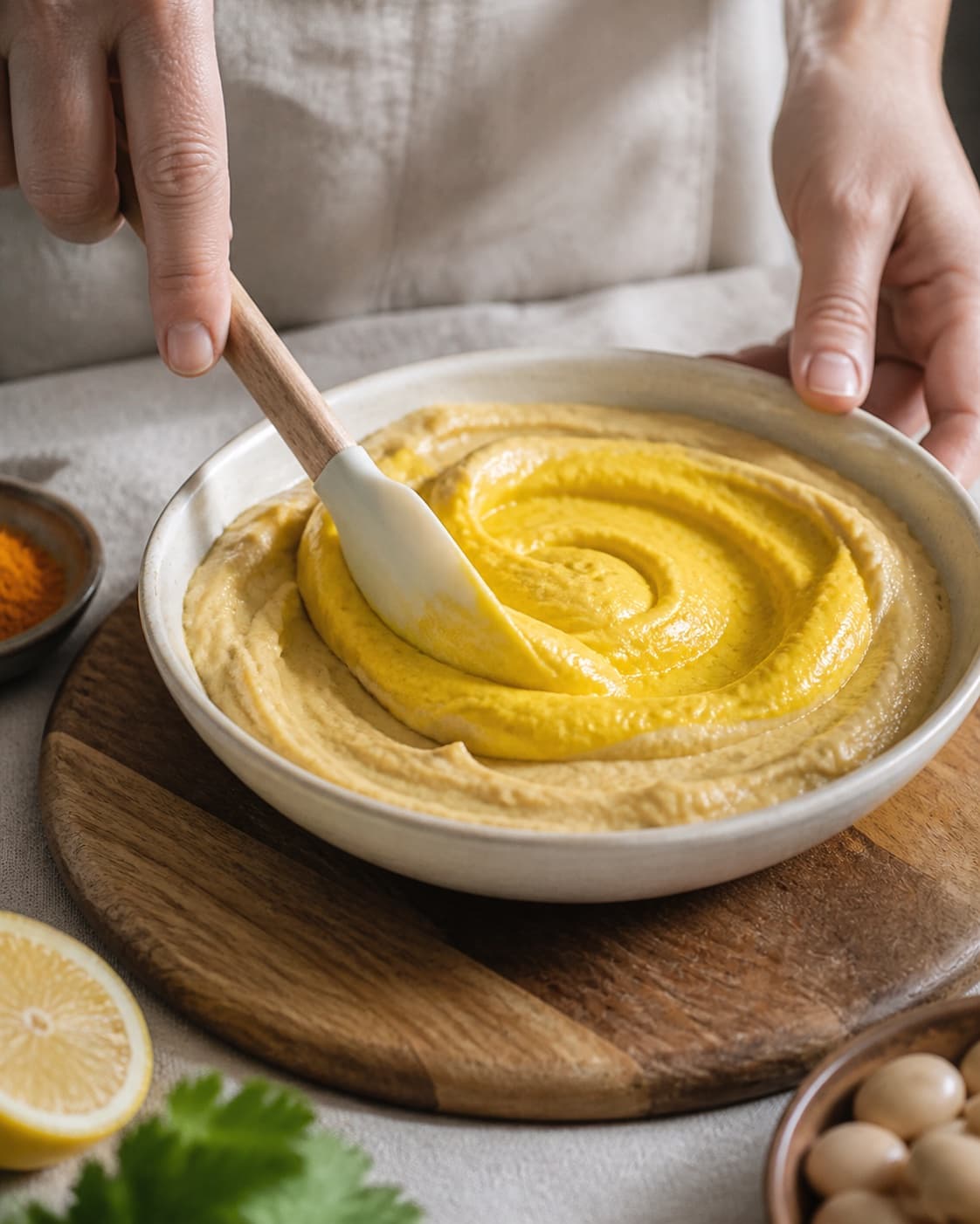 butterbean spread med gurkemeje being gently combined without crushing the ingredients under tilberedningen af butterbean spread med gurkemeje