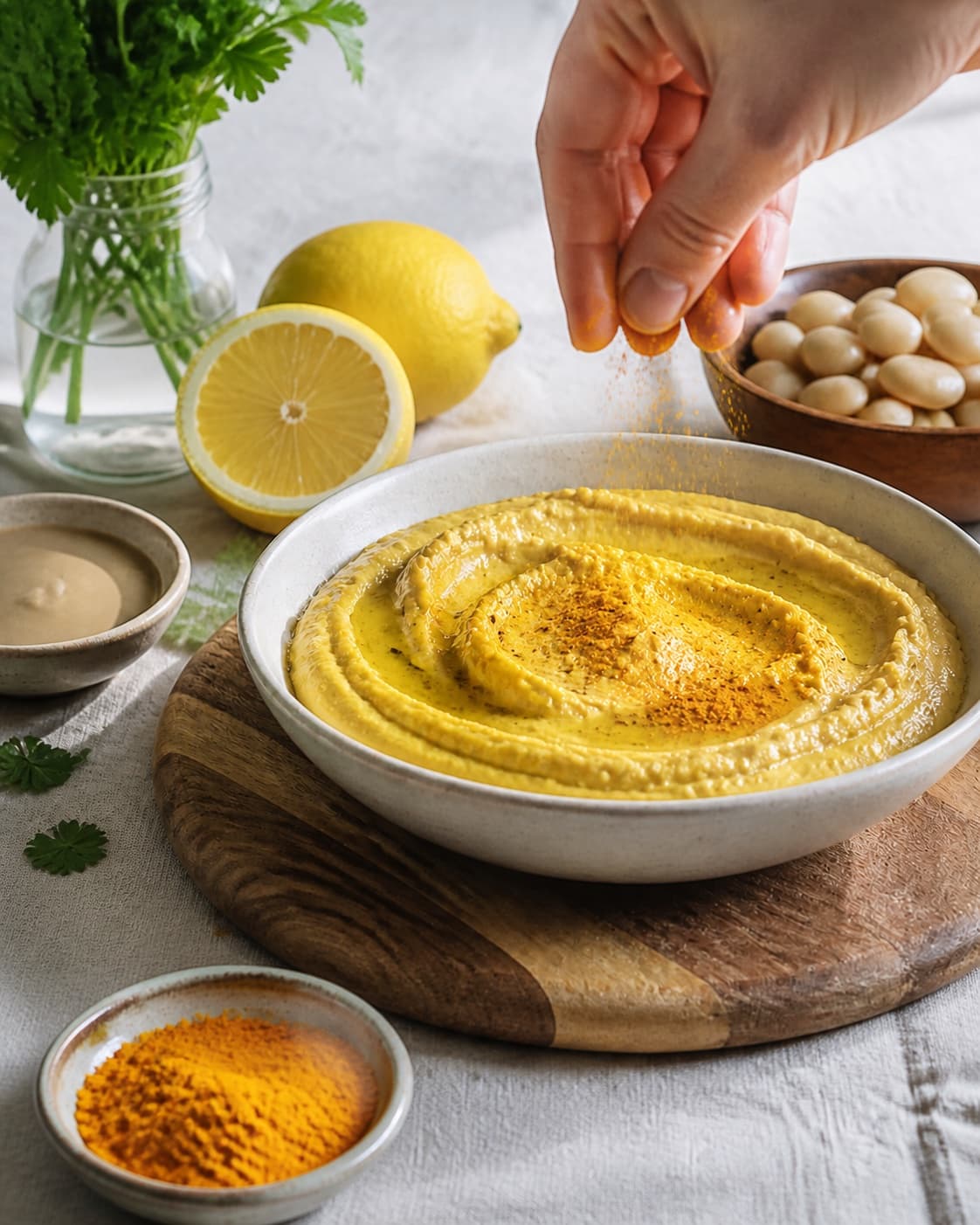 Fresh finished butterbean spread med gurkemeje receiving its final garnish under tilberedningen af butterbean spread med gurkemeje