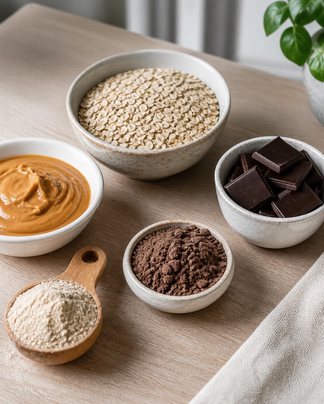 Measured ingredients for hjemmelavet proteinbar med chokolade arranged separately with grove havregryn, peanutbutter, proteinpulver, mørk chokolade under tilberedningen af hjemmelavet proteinbar med chokolade