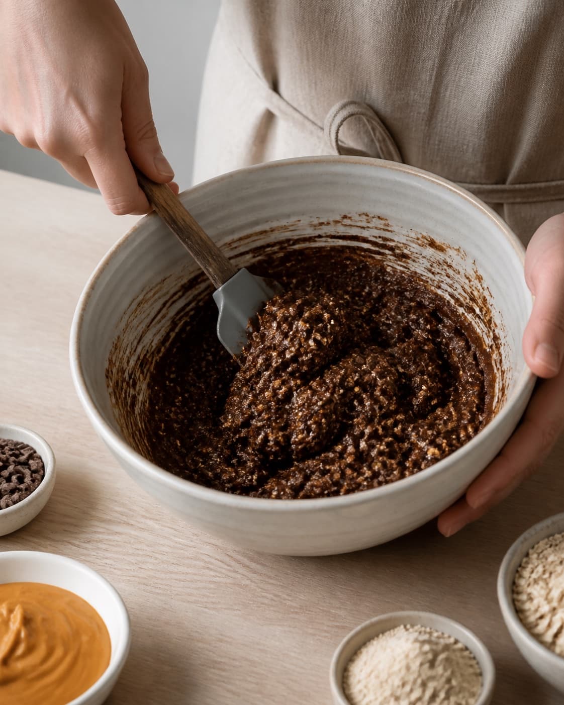 The batter or dough for hjemmelavet proteinbar med chokolade being gently combined under tilberedningen af hjemmelavet proteinbar med chokolade