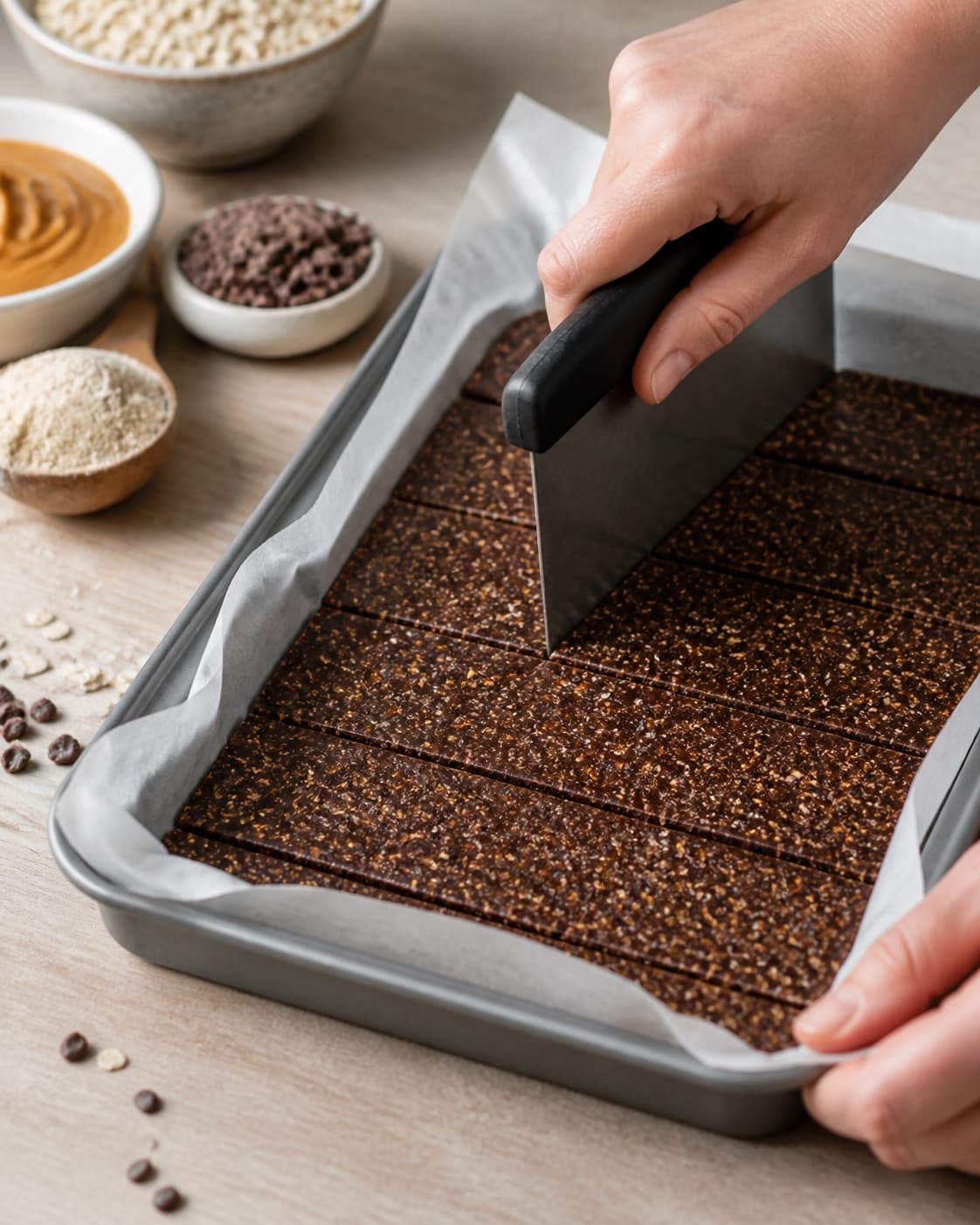 hjemmelavet proteinbar med chokolade being portioned evenly before baking under tilberedningen af hjemmelavet proteinbar med chokolade