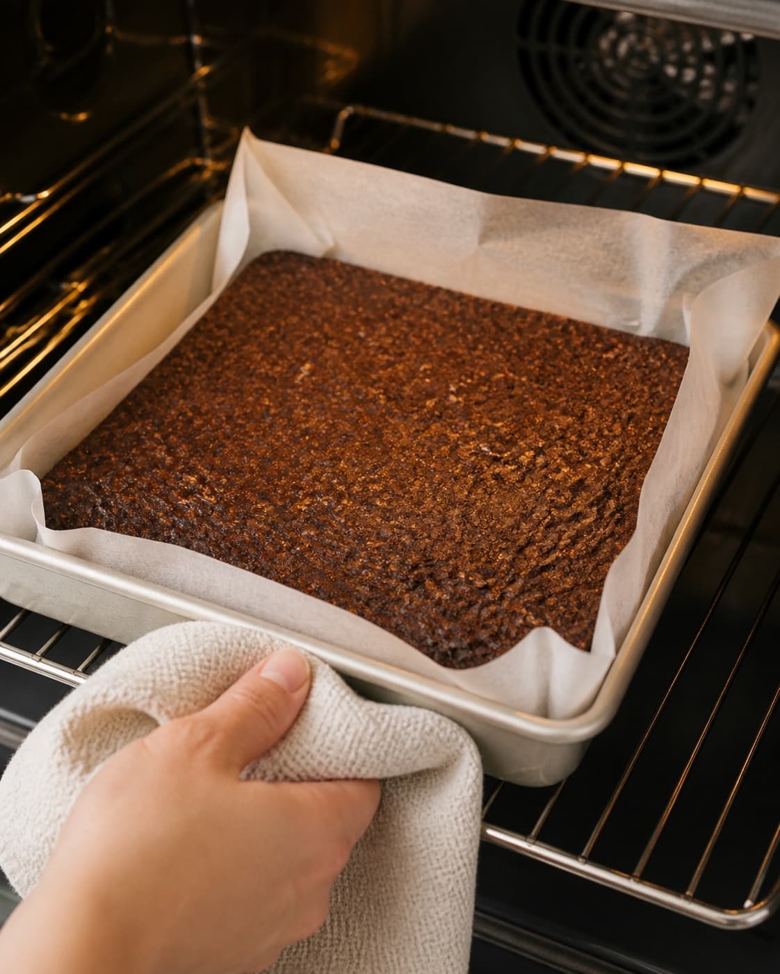 hjemmelavet proteinbar med chokolade baking until golden with a visibly set centre under tilberedningen af hjemmelavet proteinbar med chokolade
