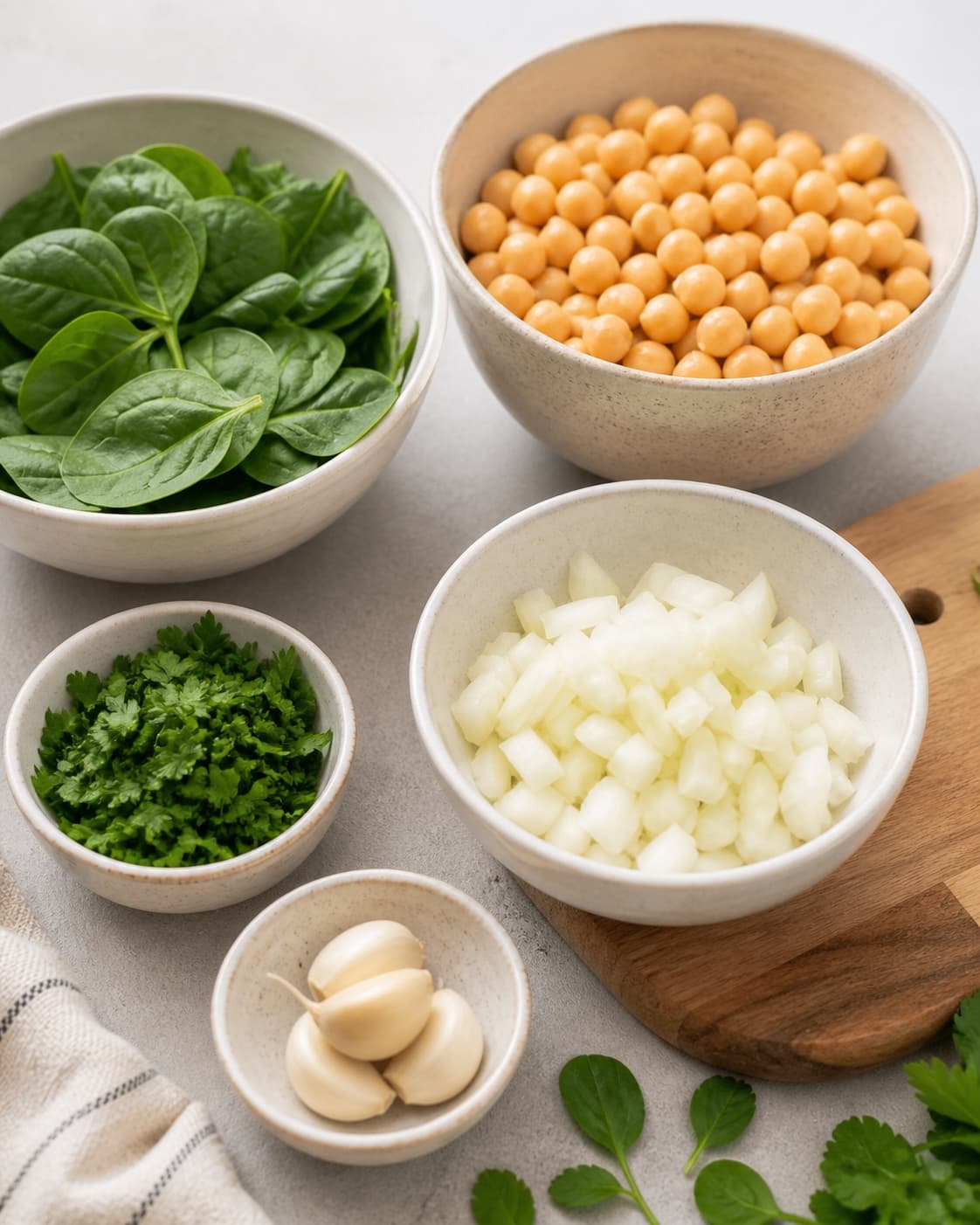 Mise en place for grønne falafler bagt i ovnen with kogte kikærter, frisk spinat, bredbladet persille, zittauerløg under tilberedningen af grønne falafler bagt i ovnen
