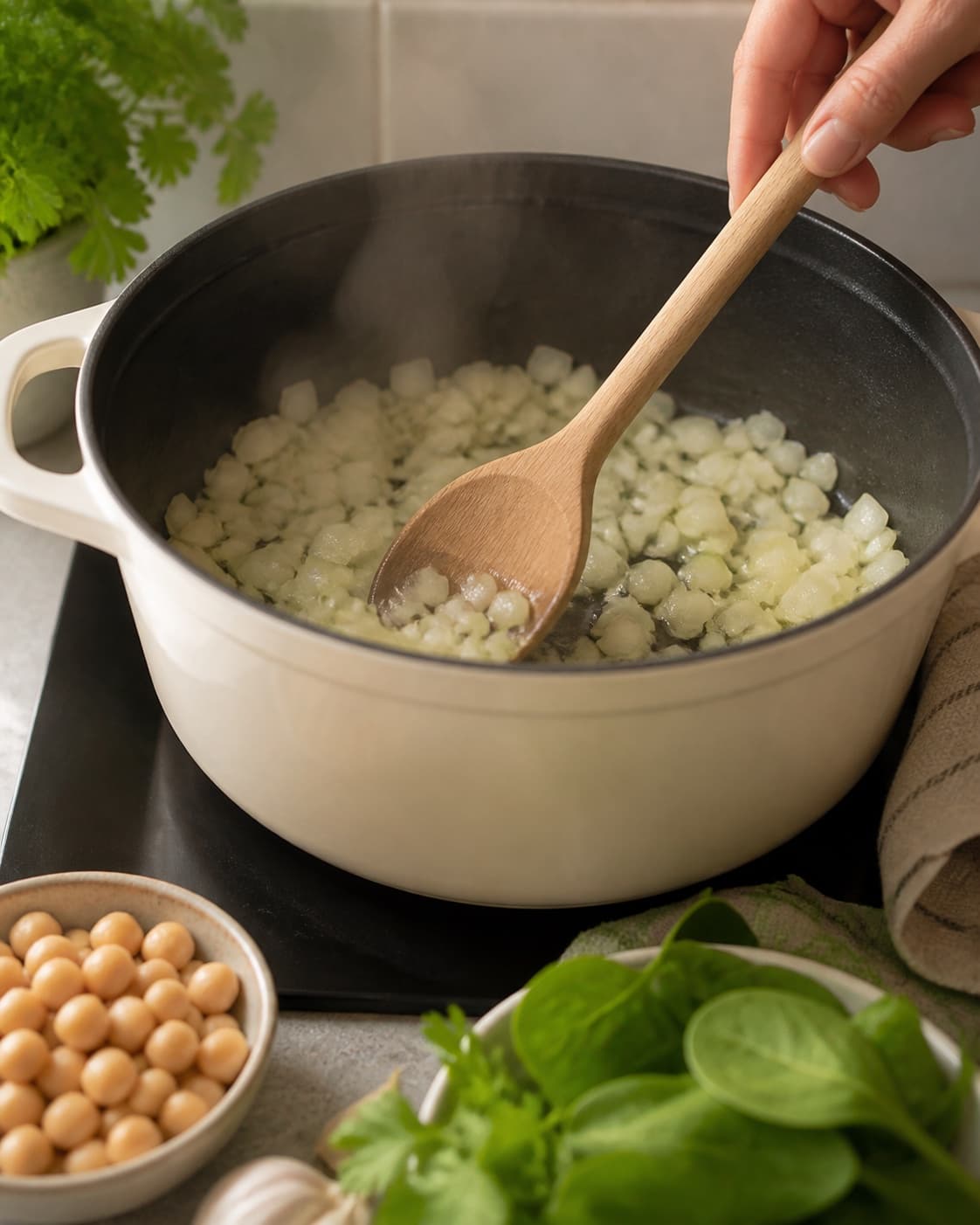 Aromatic base for grønne falafler bagt i ovnen gently cooking in a pot under tilberedningen af grønne falafler bagt i ovnen