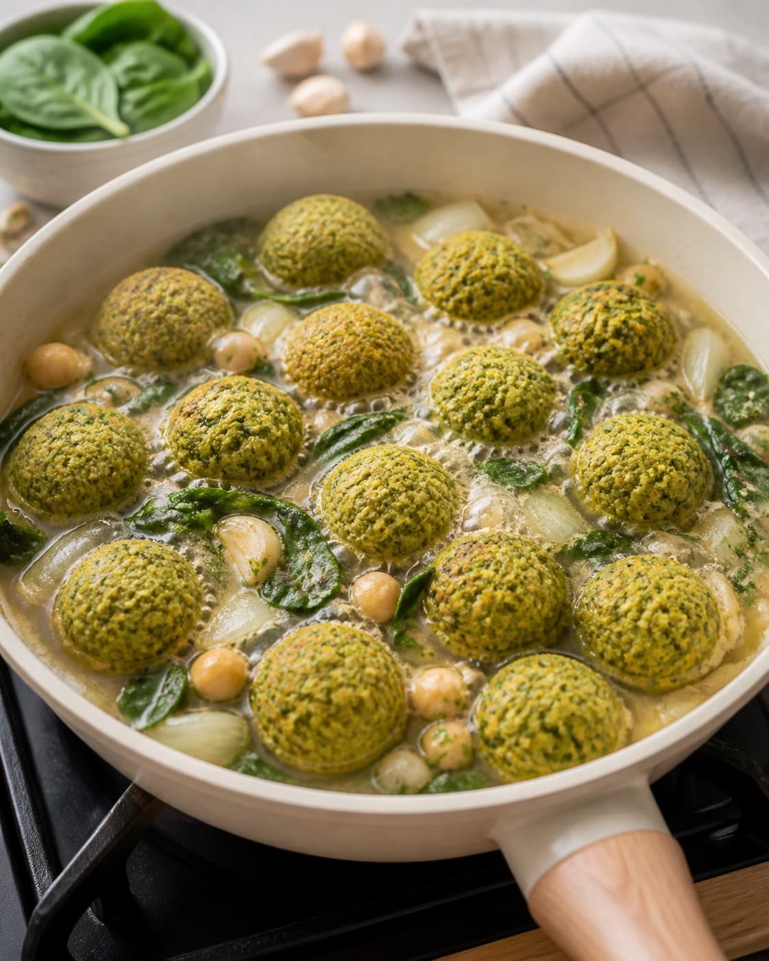 grønne falafler bagt i ovnen gently simmering with visible ingredients under tilberedningen af grønne falafler bagt i ovnen