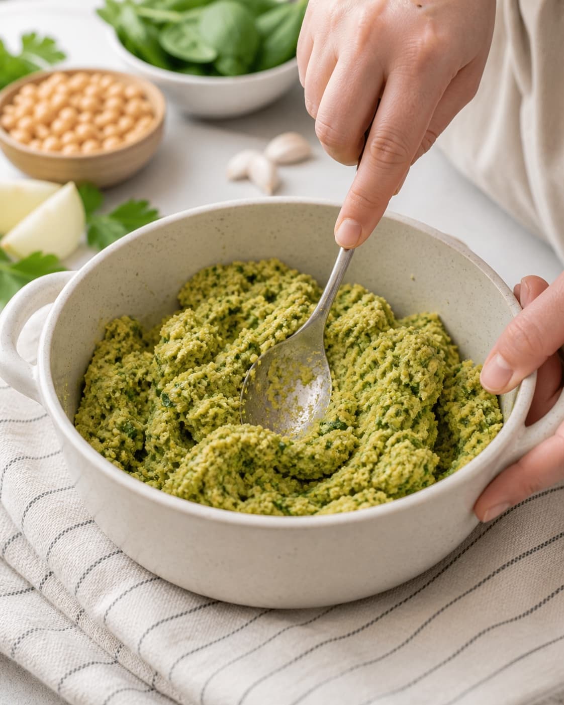 The texture of grønne falafler bagt i ovnen being adjusted in the pot under tilberedningen af grønne falafler bagt i ovnen