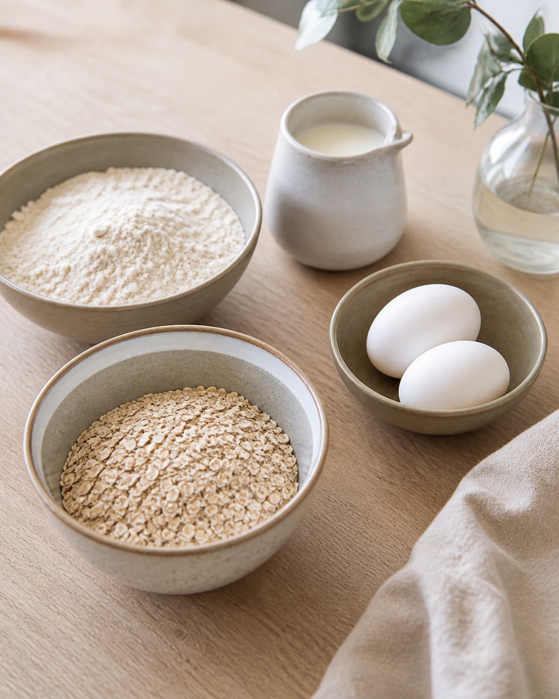 Measured ingredients for fuldkornsvafler til morgenmad, frokost og aftensmad arranged separately with fuldkornshvedemel, grove havregryn, æg, sødmælk under tilberedningen af fuldkornsvafler til morgenmad, frokost og aftensmad