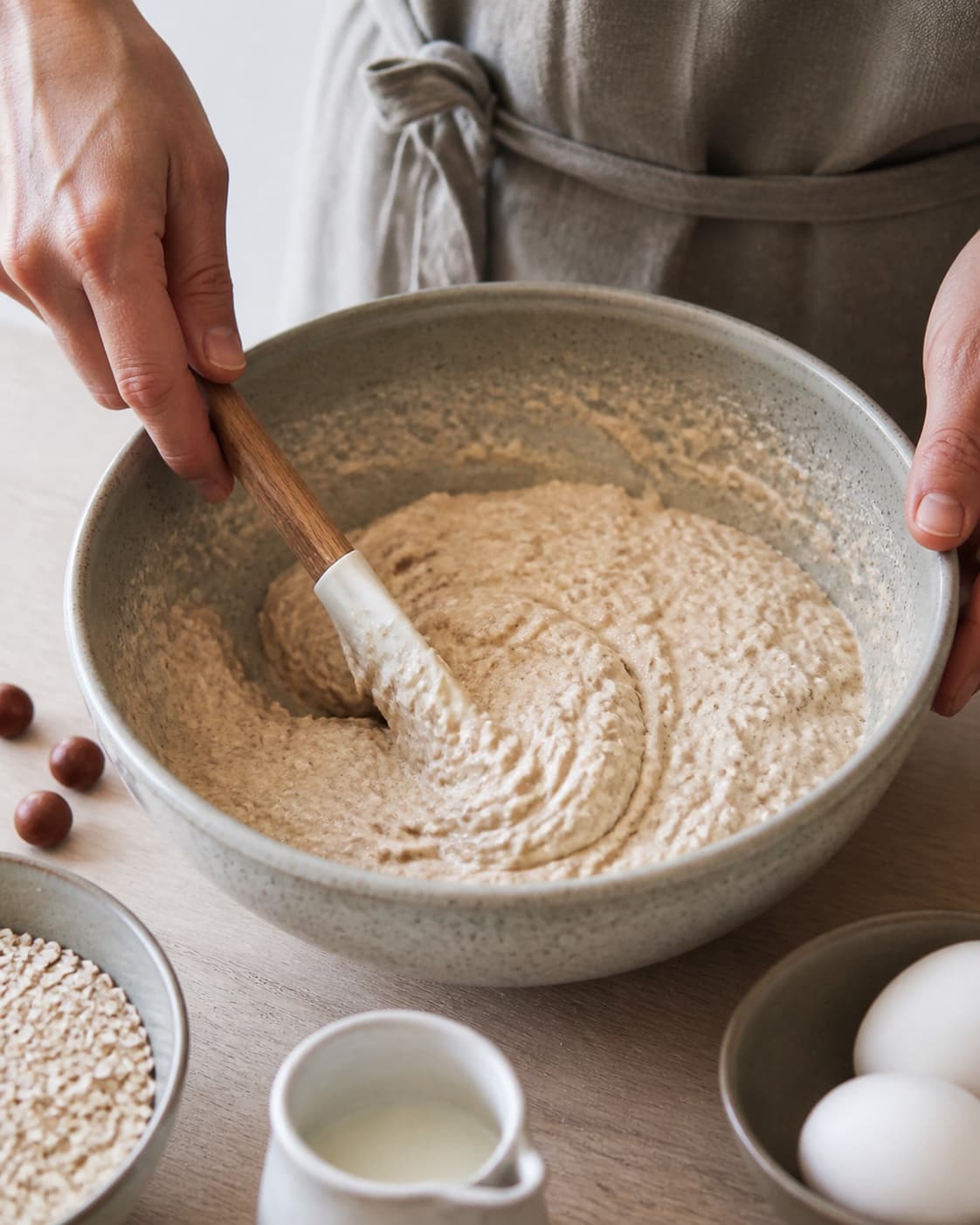 The batter or dough for fuldkornsvafler til morgenmad, frokost og aftensmad being gently combined under tilberedningen af fuldkornsvafler til morgenmad, frokost og aftensmad