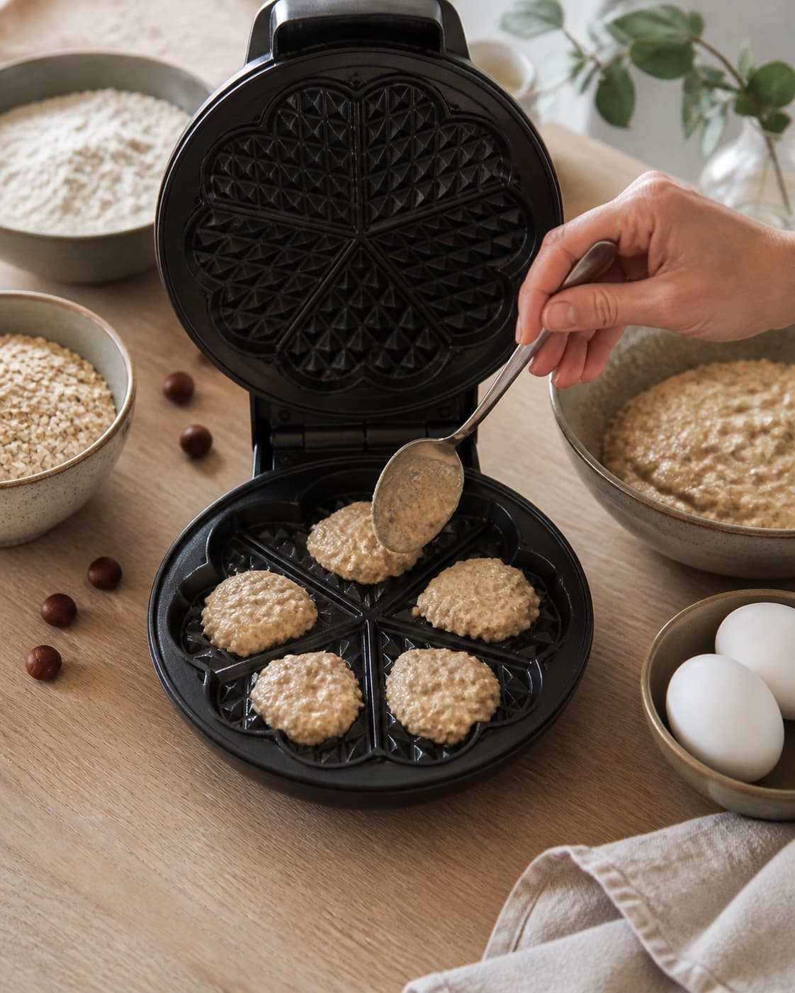 fuldkornsvafler til morgenmad, frokost og aftensmad being portioned evenly before baking under tilberedningen af fuldkornsvafler til morgenmad, frokost og aftensmad