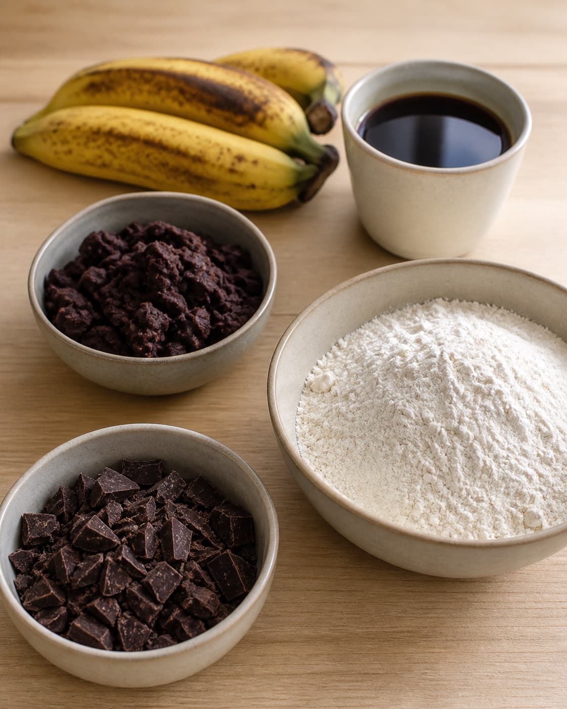 Measured ingredients for banankage med kaffe og chokolade arranged separately with stærk kaffe, modne bananer, mørk chokolade, hvedemel under tilberedningen af banankage med kaffe og chokolade
