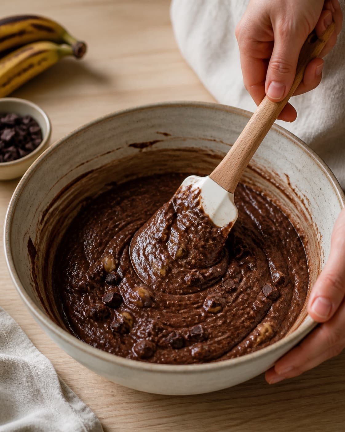 The batter or dough for banankage med kaffe og chokolade being gently combined under tilberedningen af banankage med kaffe og chokolade