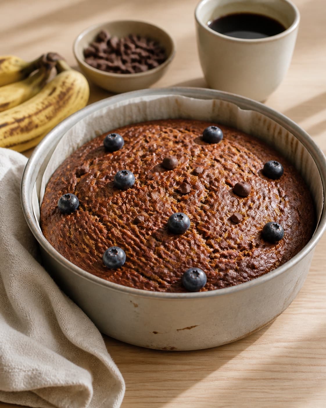 banankage med kaffe og chokolade baking until golden with a visibly set centre under tilberedningen af banankage med kaffe og chokolade