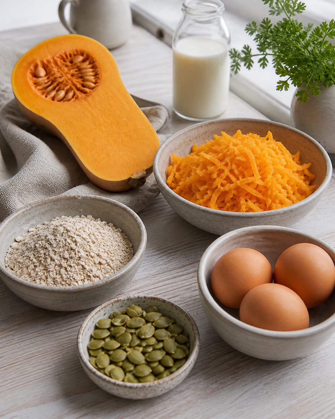 Mise en place for græskarvafler with butternut squash, æg, havremel, sødmælk under tilberedningen af græskarvafler