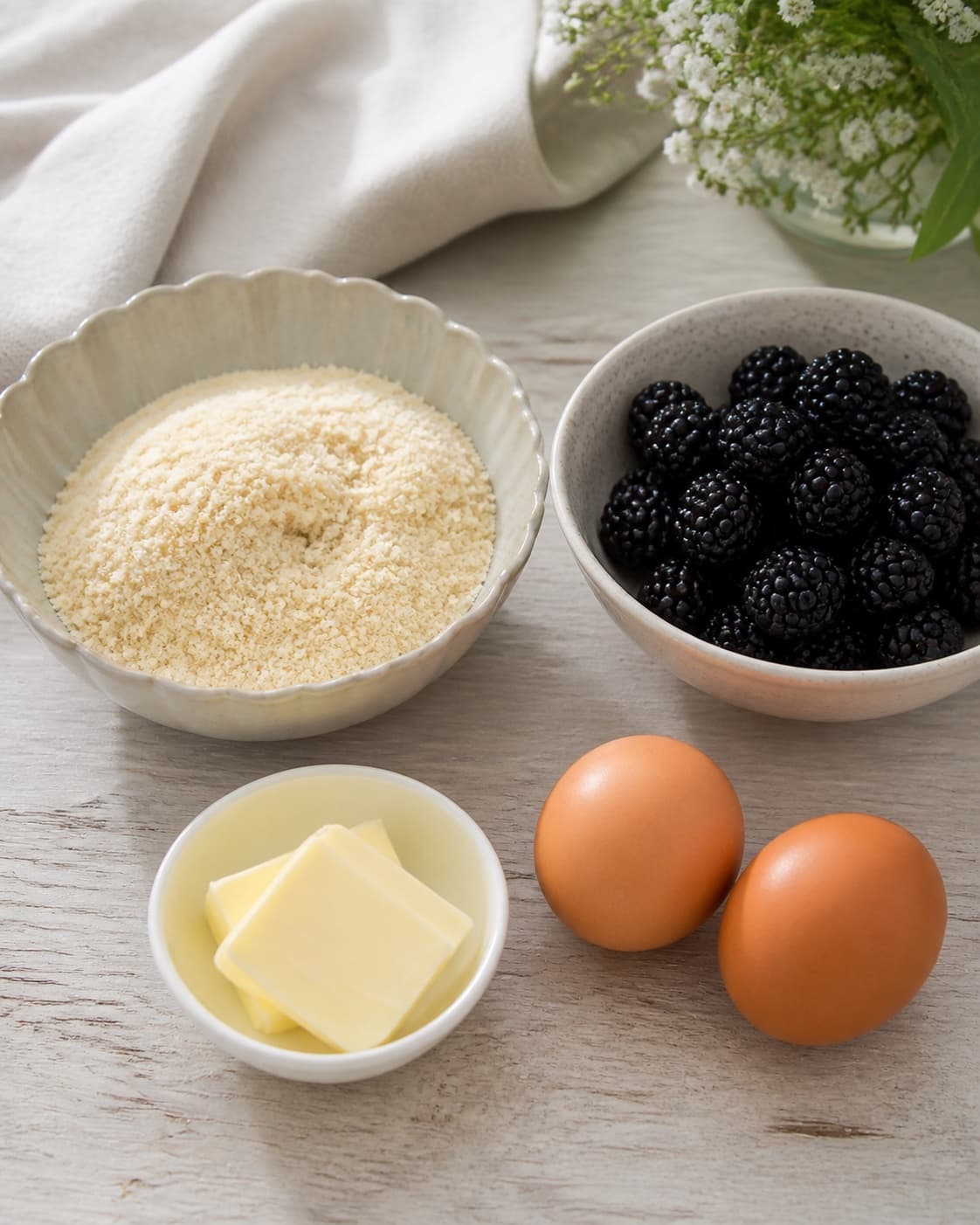 Measured ingredients for brombærkage uden mel arranged separately with brombær, mandelmel, æg, smør under tilberedningen af brombærkage uden mel