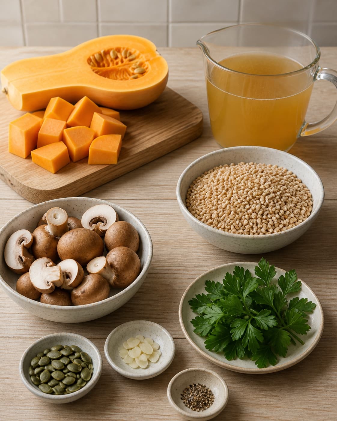Mise en place for speltotto med græskar og svampe with perlespelt, butternut squash, brune champignoner, grøntsagsfond under tilberedningen af speltotto med græskar og svampe