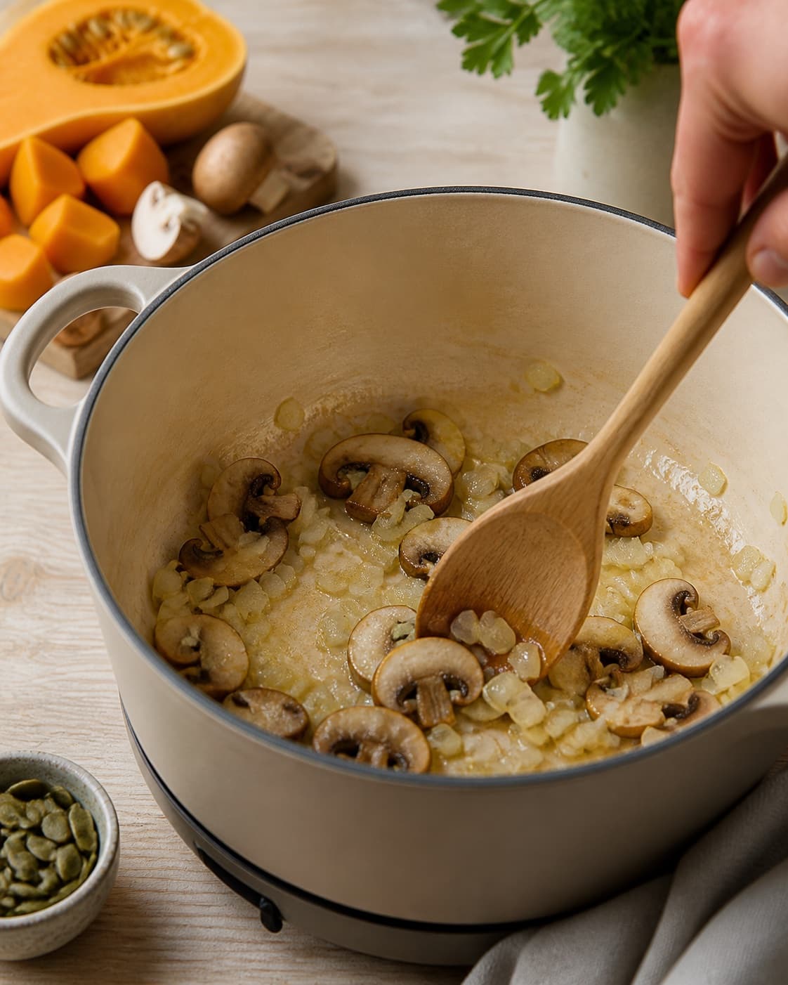 Aromatic base for speltotto med græskar og svampe gently cooking in a pot under tilberedningen af speltotto med græskar og svampe