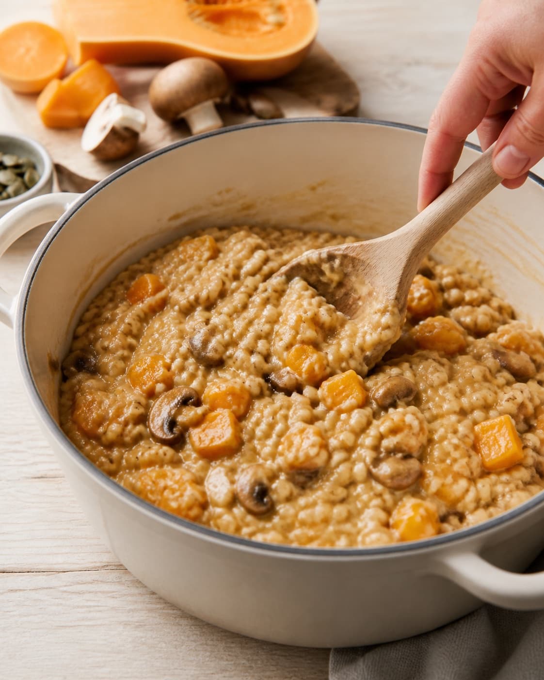 The texture of speltotto med græskar og svampe being adjusted in the pot under tilberedningen af speltotto med græskar og svampe