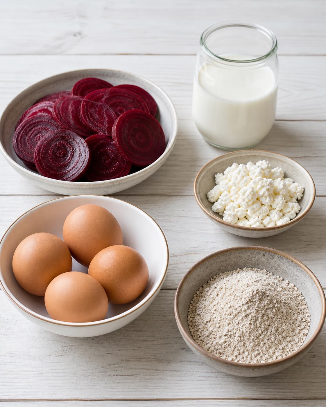 Mise en place for rødbedevafler med topping with rødbeder, æg, havremel, sødmælk under tilberedningen af rødbedevafler med topping