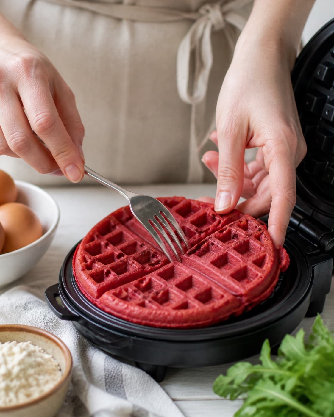 The texture of rødbedevafler med topping being adjusted in the pot under tilberedningen af rødbedevafler med topping