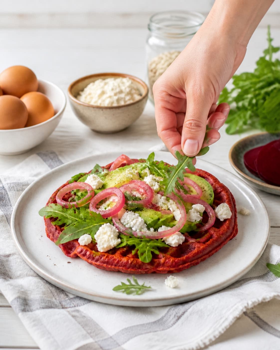 Finished rødbedevafler med topping being served with a fresh restrained garnish under tilberedningen af rødbedevafler med topping