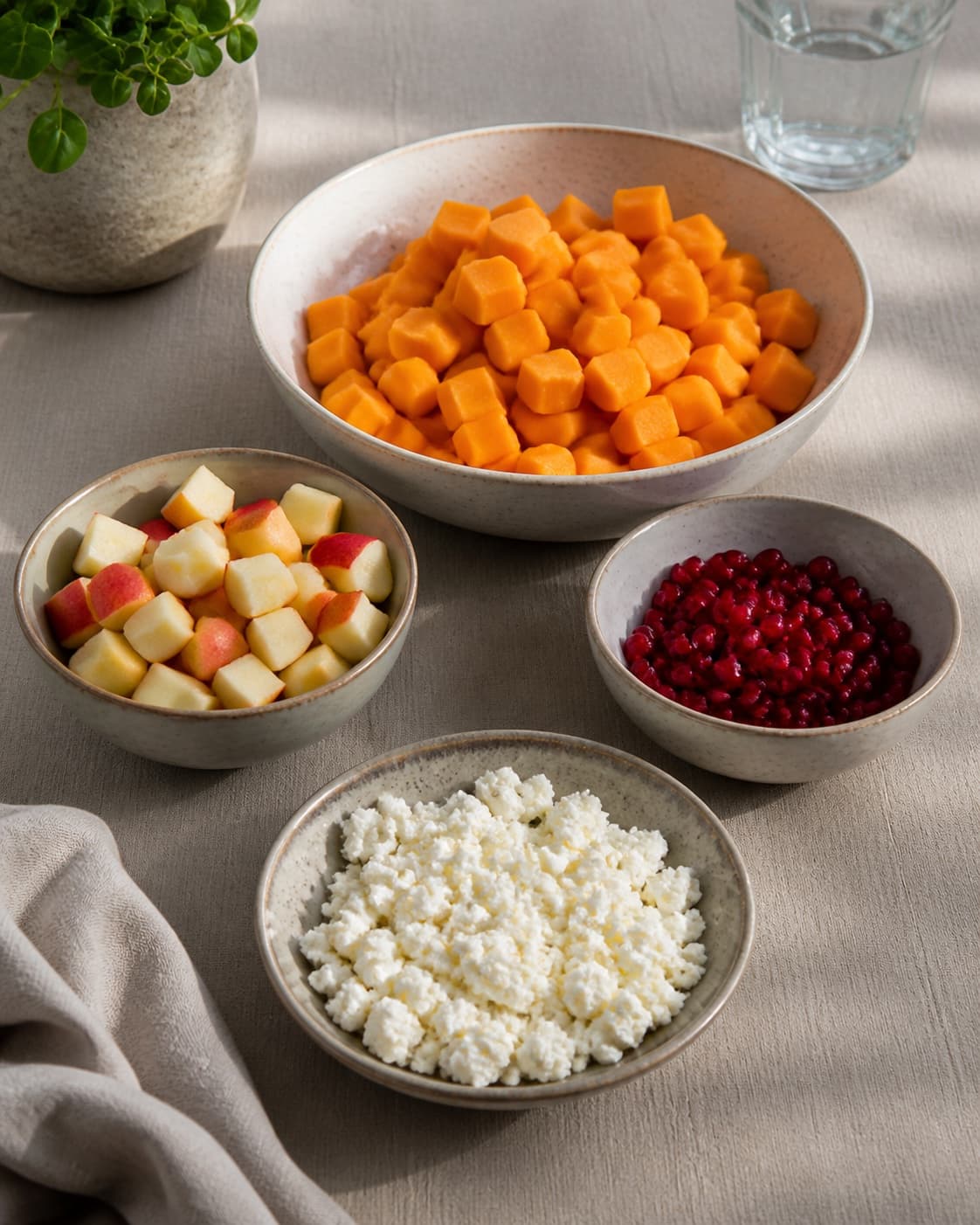 Clean prepared ingredients for græskarsalat med granatæble og feta with feta, butternut squash, syrlige æbler, granatæblekerner under tilberedningen af græskarsalat med granatæble og feta