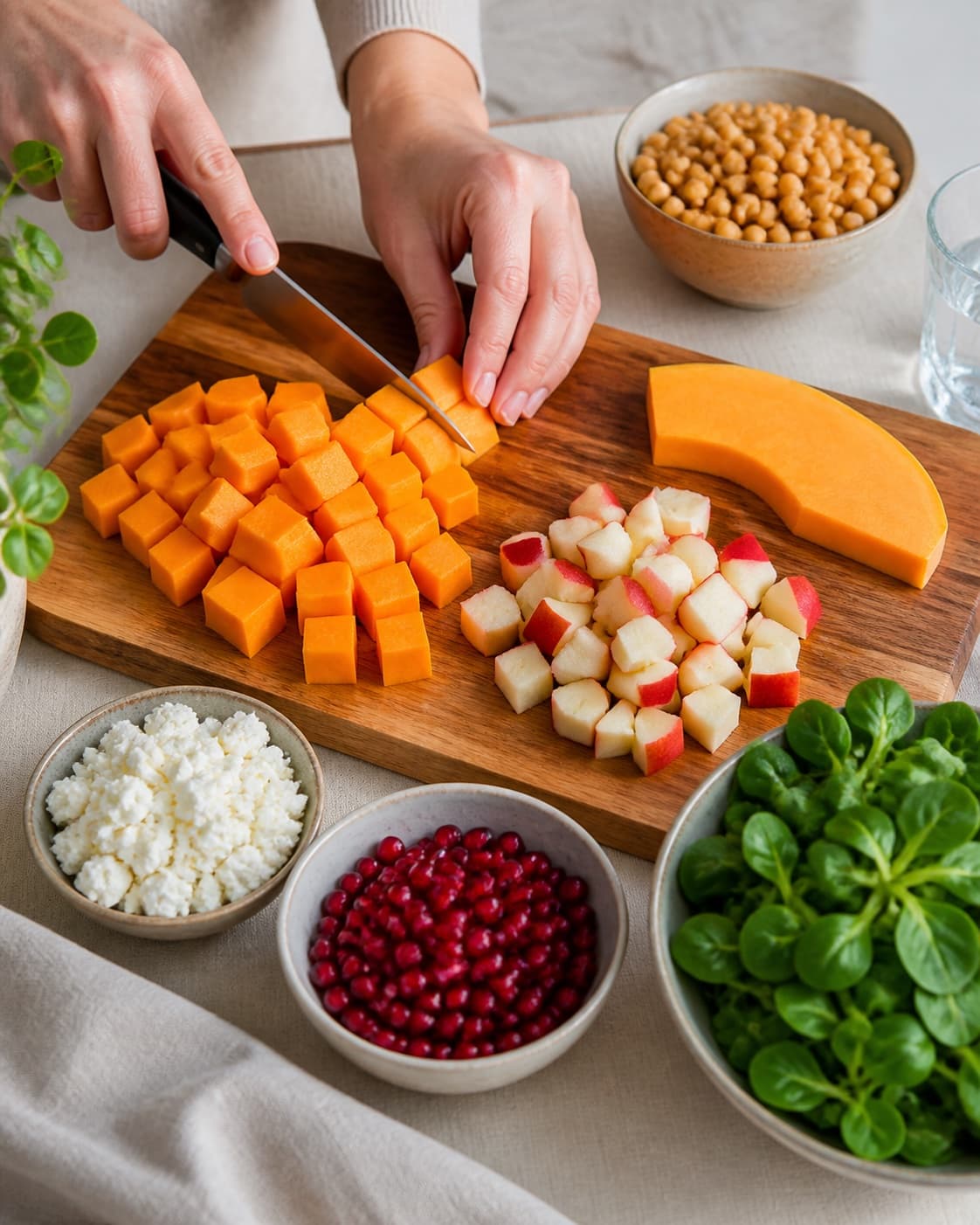 Ingredients for græskarsalat med granatæble og feta being cut into even pieces under tilberedningen af græskarsalat med granatæble og feta