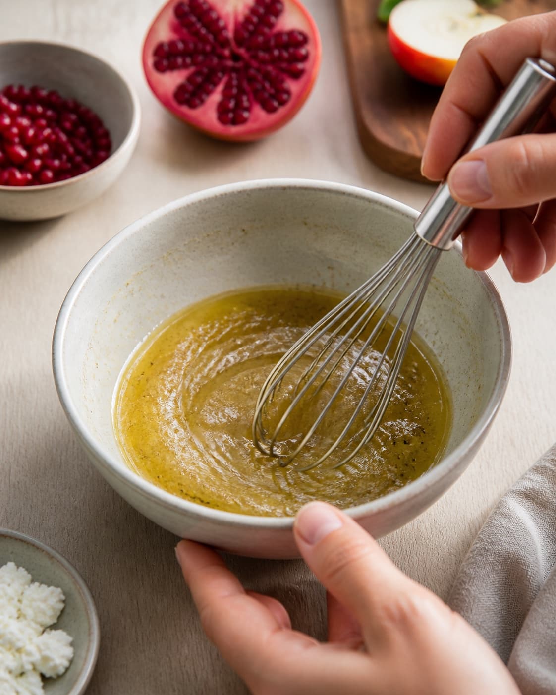 Dressing for græskarsalat med granatæble og feta being whisked until glossy under tilberedningen af græskarsalat med granatæble og feta