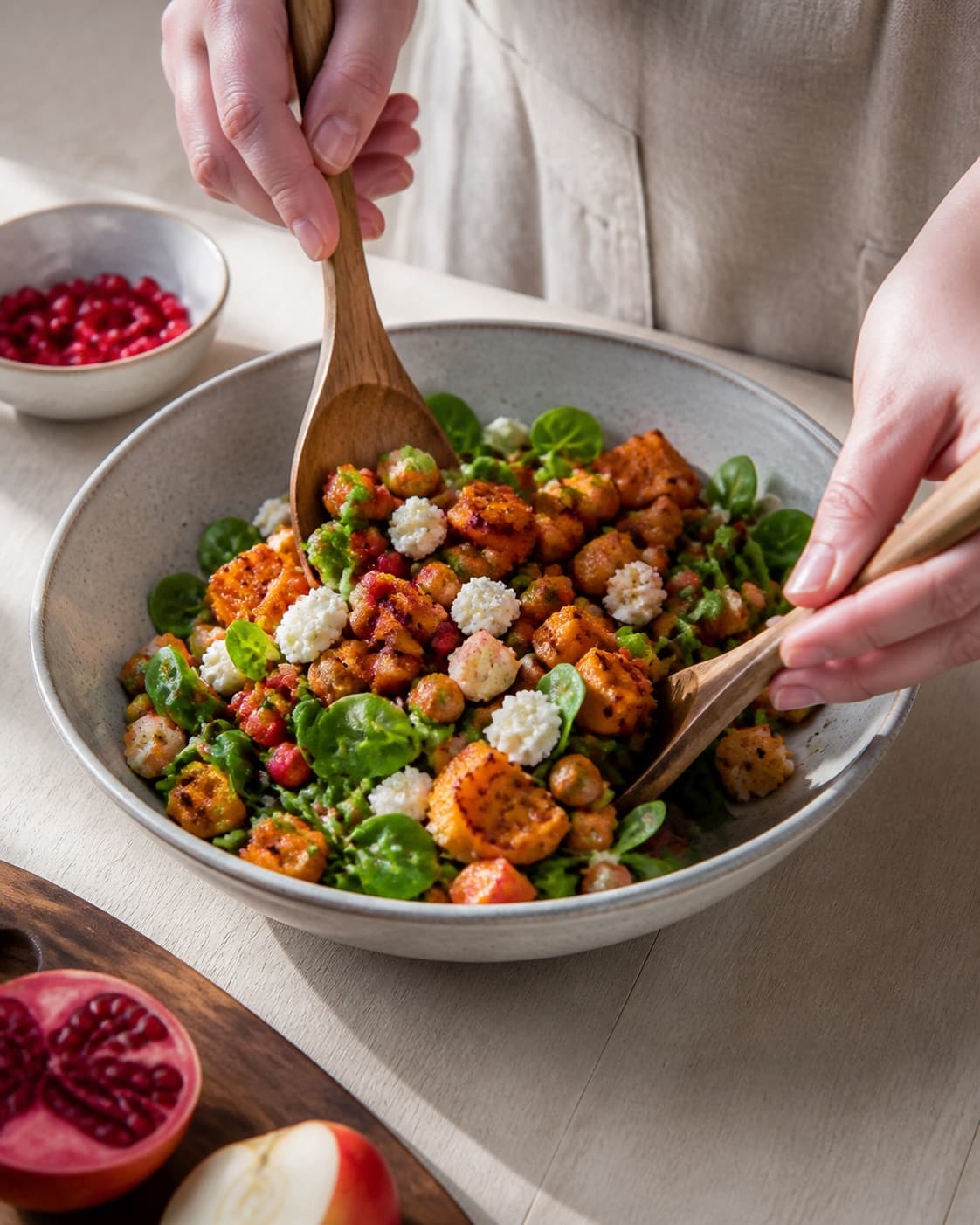 græskarsalat med granatæble og feta being gently combined without crushing the ingredients under tilberedningen af græskarsalat med granatæble og feta