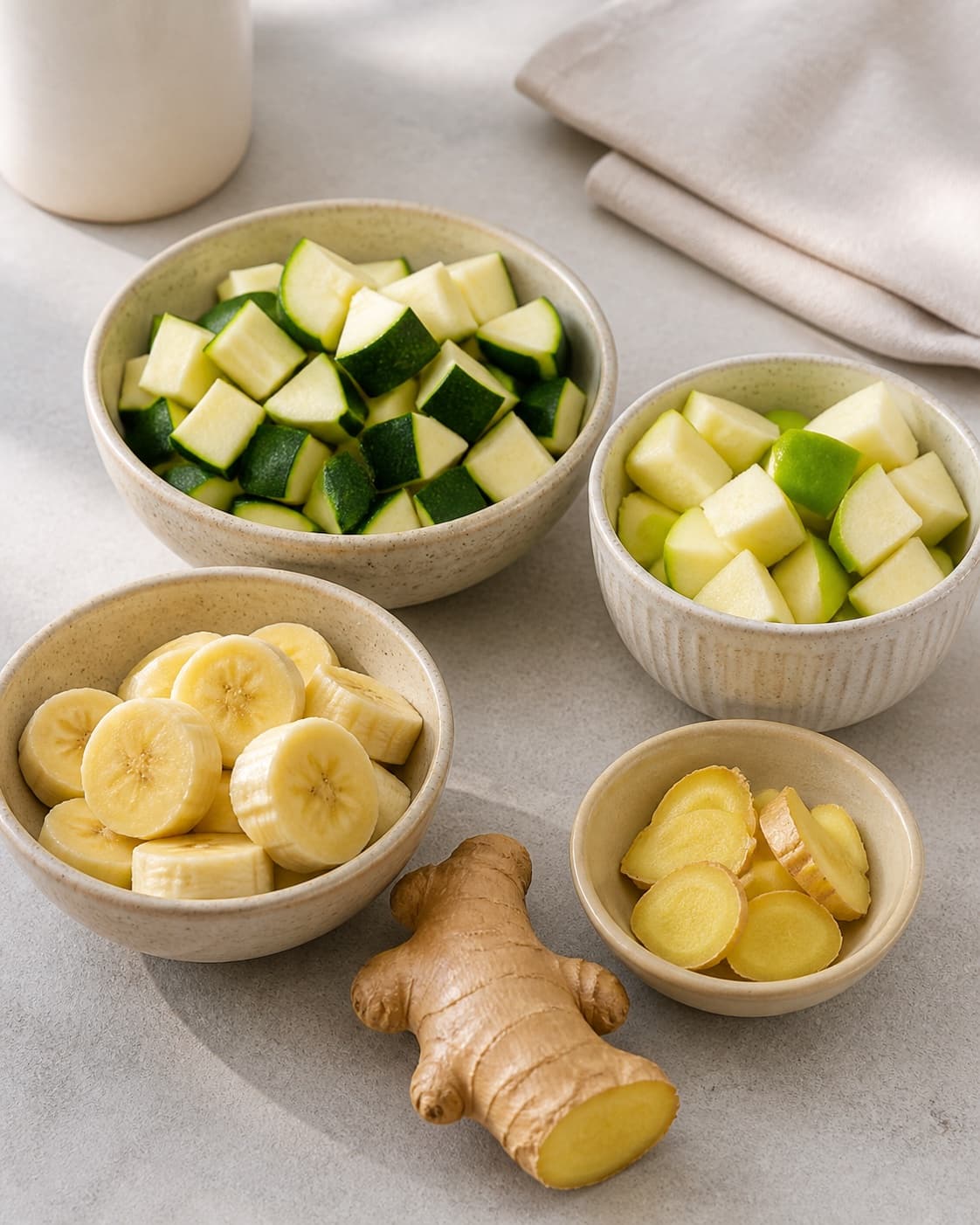 Mise en place for smoothie med squash with squash, modne bananer, syrlige æbler, frisk ingefær under tilberedningen af smoothie med squash