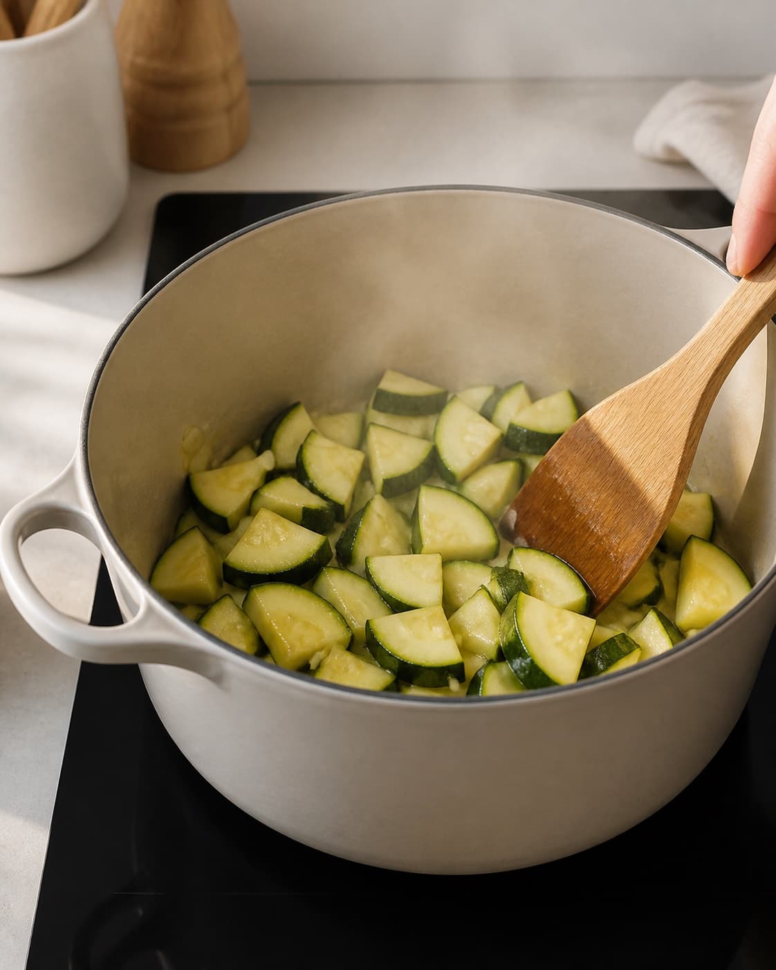 Aromatic base for smoothie med squash gently cooking in a pot under tilberedningen af smoothie med squash