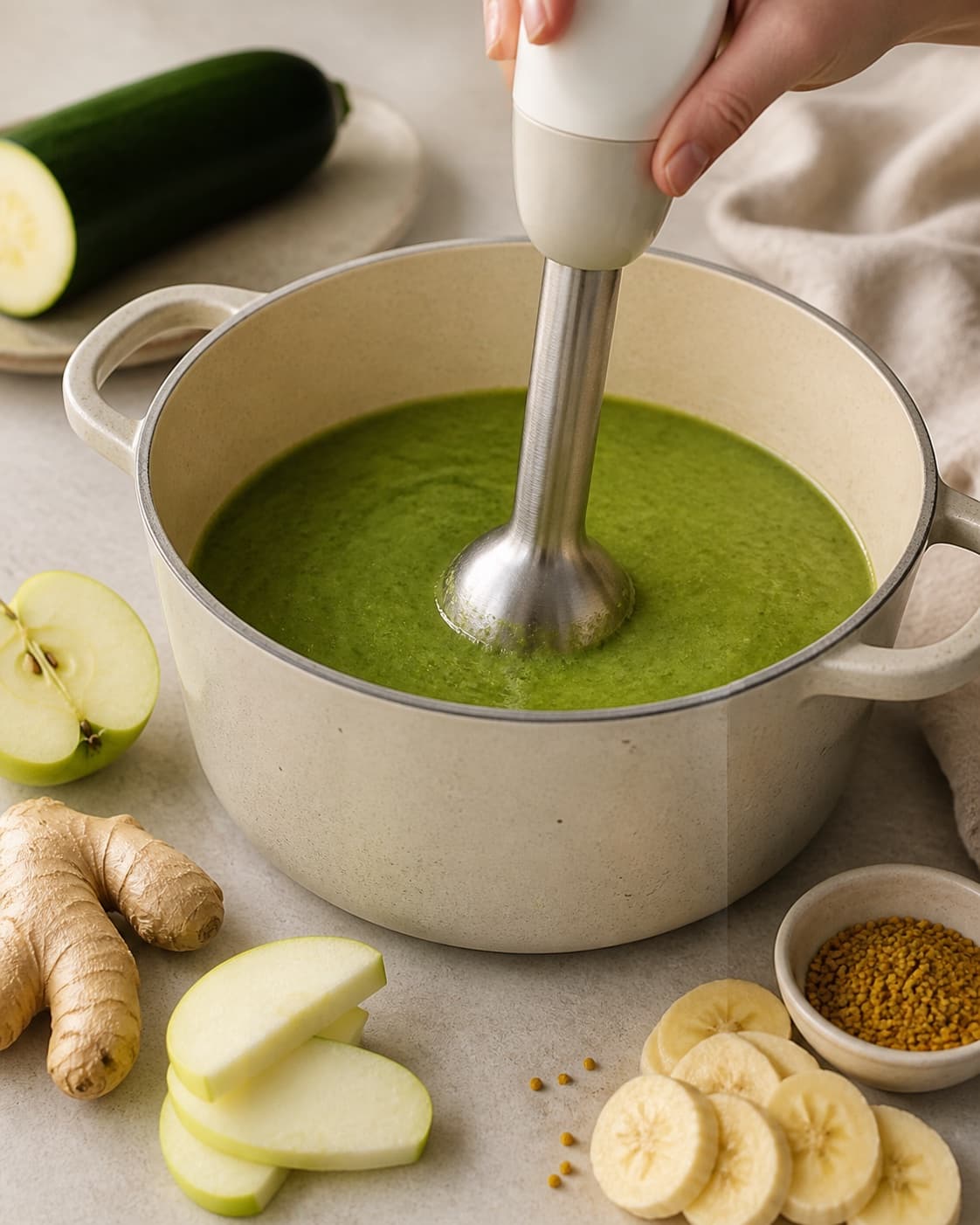 The texture of smoothie med squash being adjusted in the pot under tilberedningen af smoothie med squash