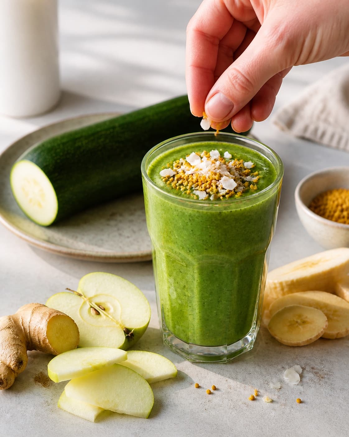 Finished smoothie med squash being served with a fresh restrained garnish under tilberedningen af smoothie med squash