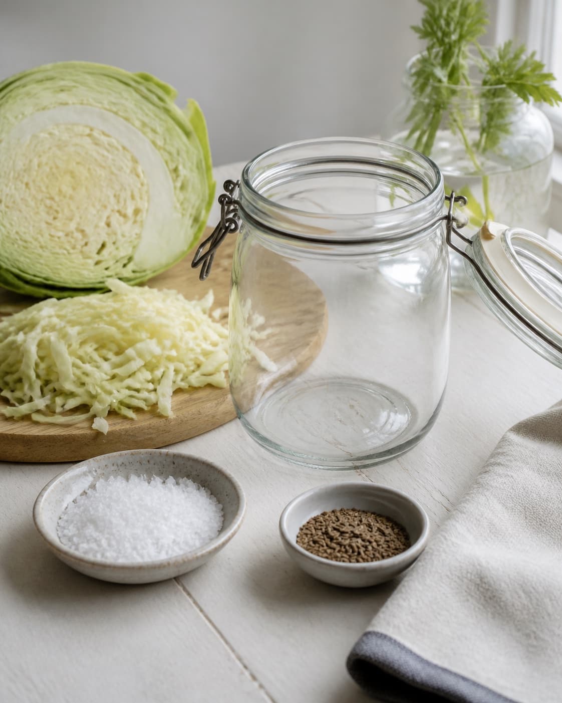 Clean measured ingredients and prepared jars for sauerkraut – hjemmelavet surkål with hvidkål, groft havsalt, kommenfrø under tilberedningen af sauerkraut – hjemmelavet surkål