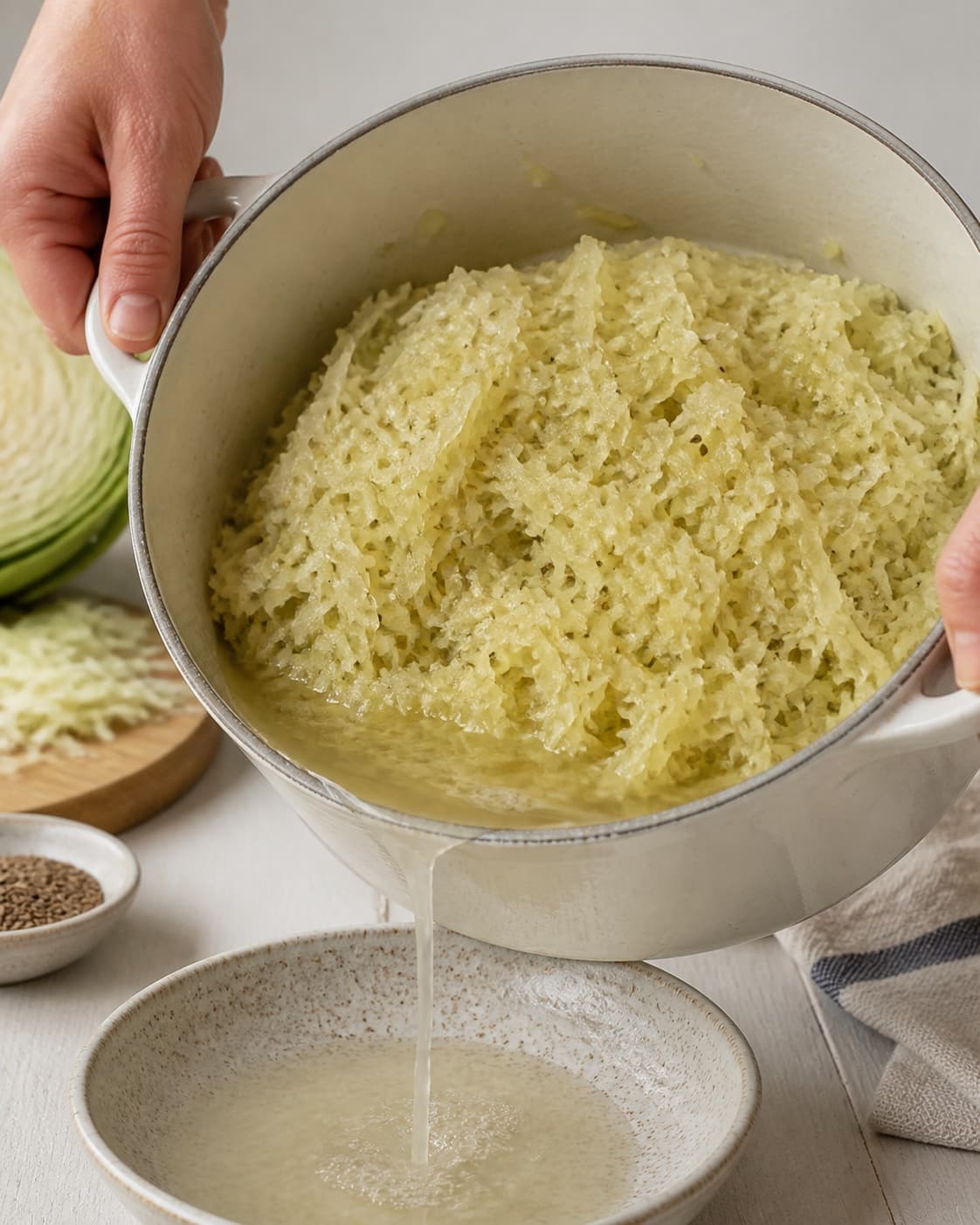 Ingredients for sauerkraut – hjemmelavet surkål gently releasing juice in a pot under tilberedningen af sauerkraut – hjemmelavet surkål