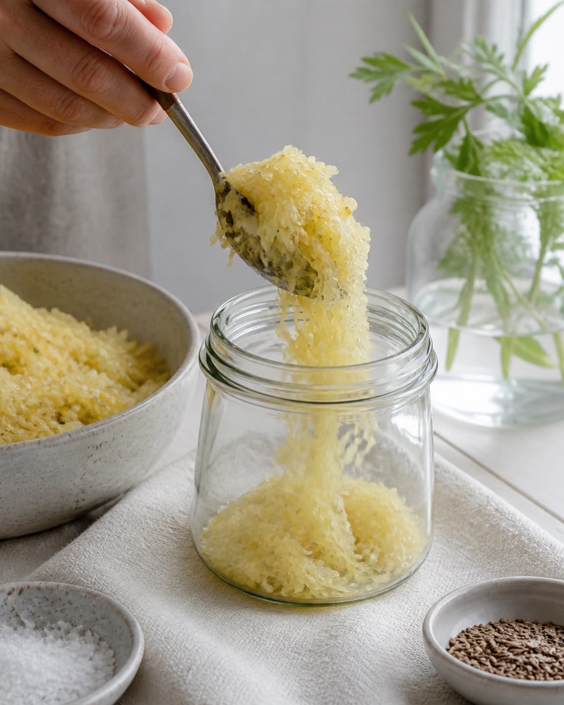 Hot finished sauerkraut – hjemmelavet surkål being carefully transferred into a clean jar under tilberedningen af sauerkraut – hjemmelavet surkål